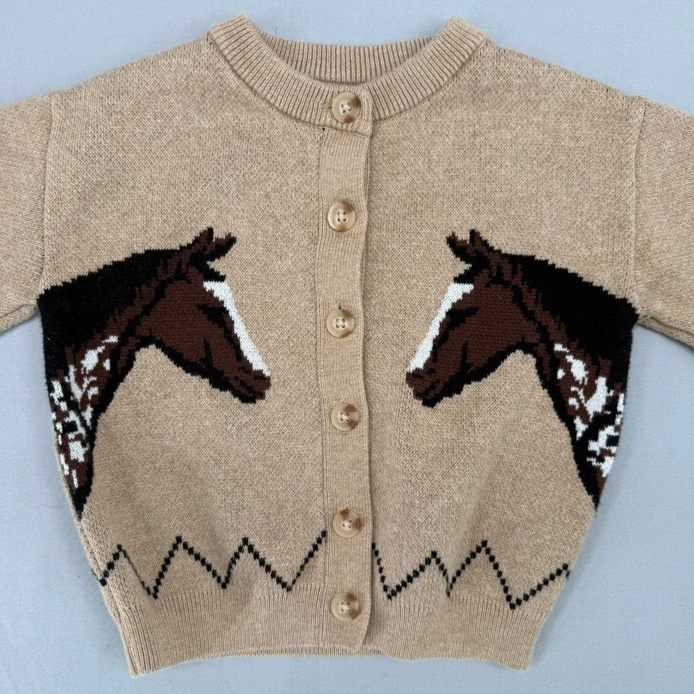 Old Navy Toddler 3T Tan Horse Intarsia Cotton Button Front Cardigan Sweater